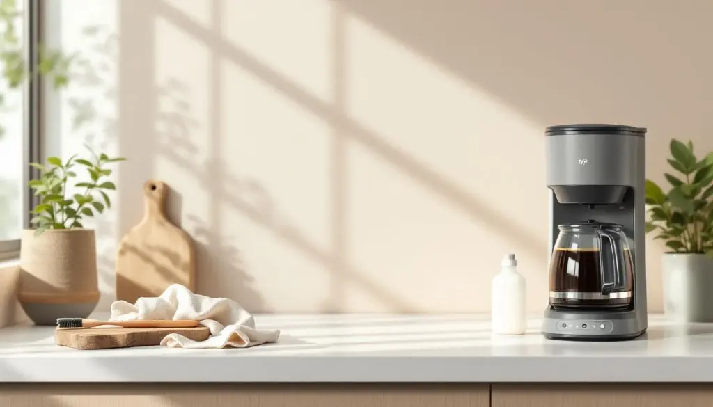 Cleaning and maintenance of a drip coffee maker, showcasing essential cleaning tools.